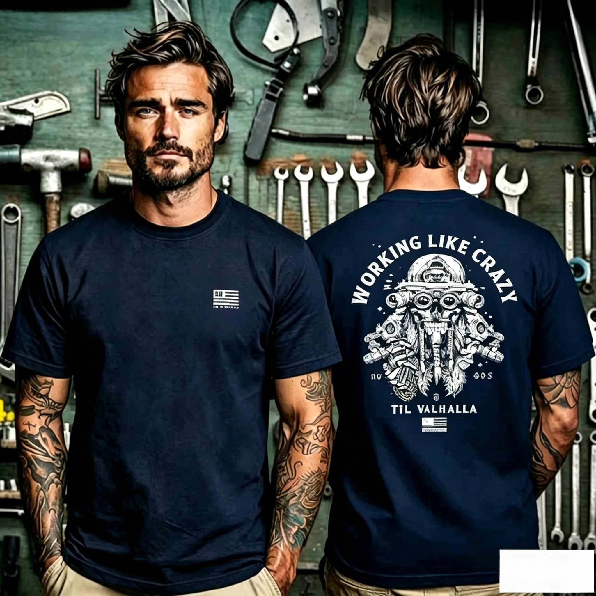 Mechanical Skull Print T Shirt, Tiny Distressed US Flag Badge on Chest and Oversized Working Like Crazy Viking‑style Skeleton