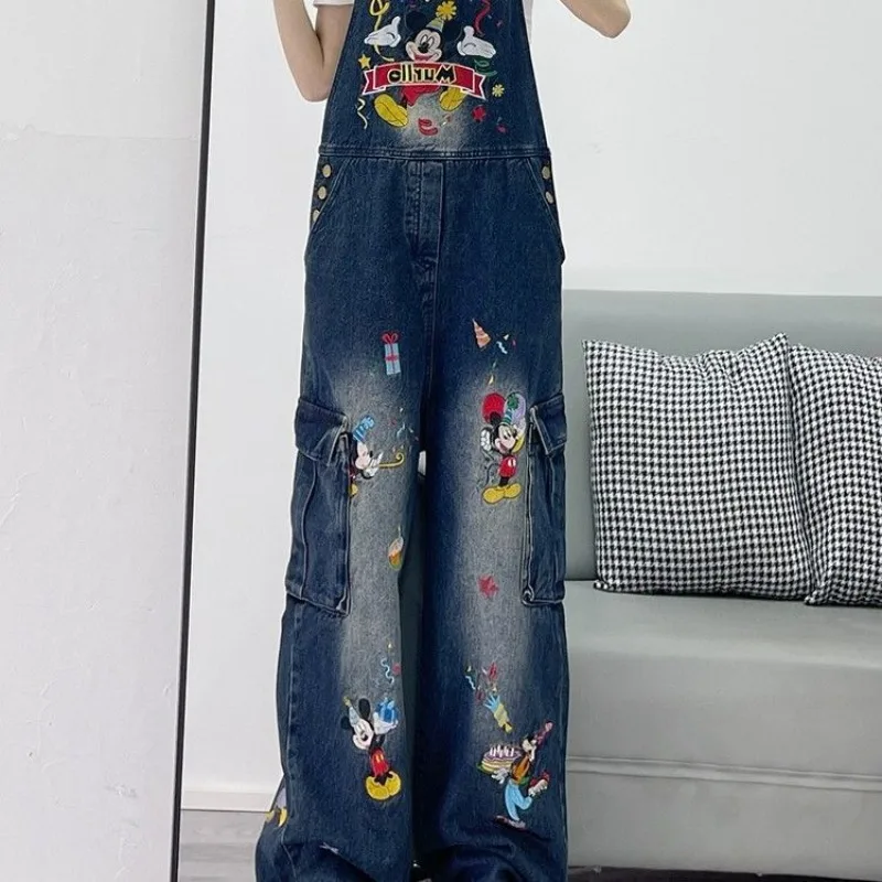 

hosen Spring Summer Mickey Embroidered Denim Overalls, American Vintage Washed Loose Slim Women's Pants women's cargo pants