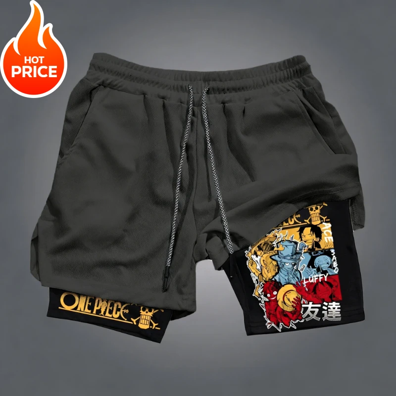 

One Piece Luffy ACE Summer Men New 2026 Double-Layer Replica Two-Piece Loose-Fit Training Running Shorts Casual Pants Bottom