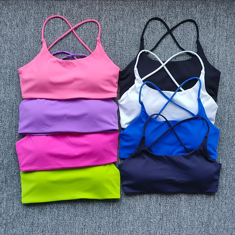 Effen kleur Ondersteuning Dames Fitness BH Yoga Vest Gym Sport Top Holle rug Push met borstkussen Vier schouderbanden Cross-back