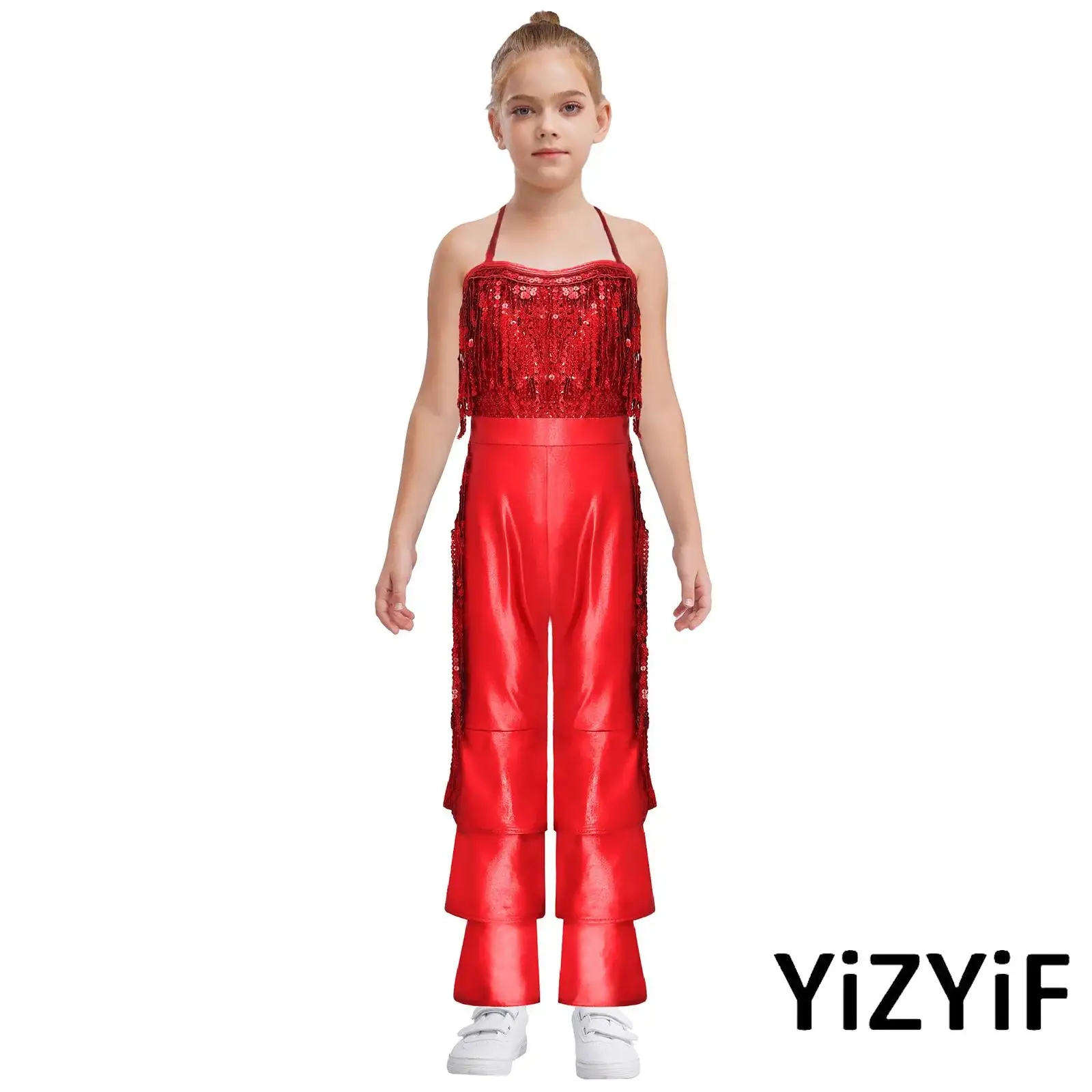 

Kids Girl Glamorous Movie Star Jumpsuit with Shimmering Sequins And Tassels Bodysuit for Halloween Parties And Stage Performance