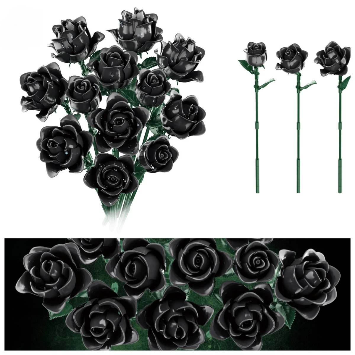

MOC 2025 New Black Roses Gothic Bouquet Building Blocks Set Simulated Artificial Flowers Botanical Birthday Valentine's Day Gift