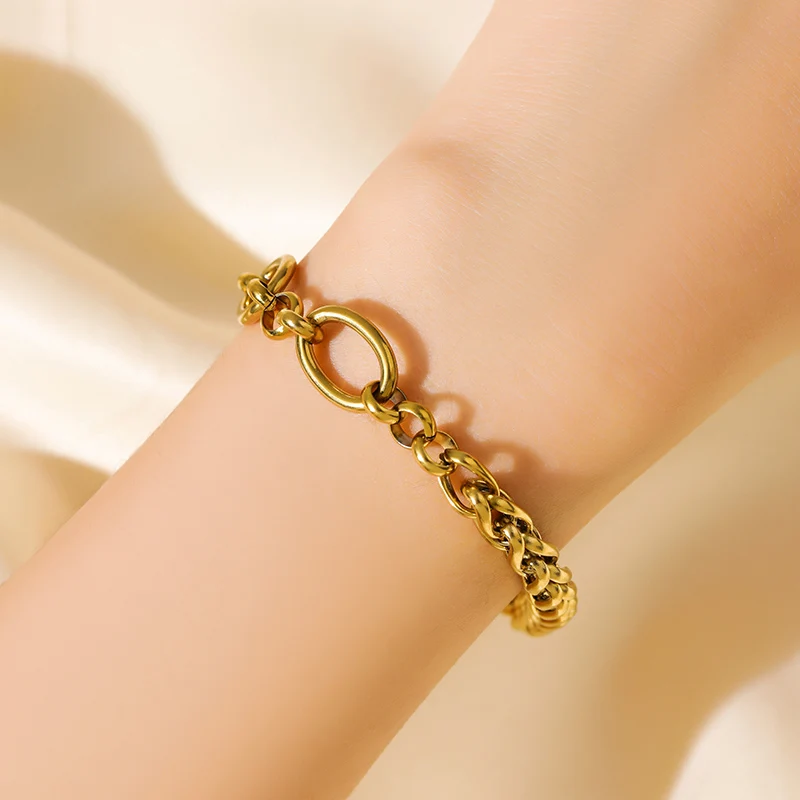 EILIECK 316L Edelstahl Goldfarben Asymmetrisches Kettenhalsketten-Armband-Set für Damen Modischer Wasserdichter Schmuck Damengeschenk – Detail 9