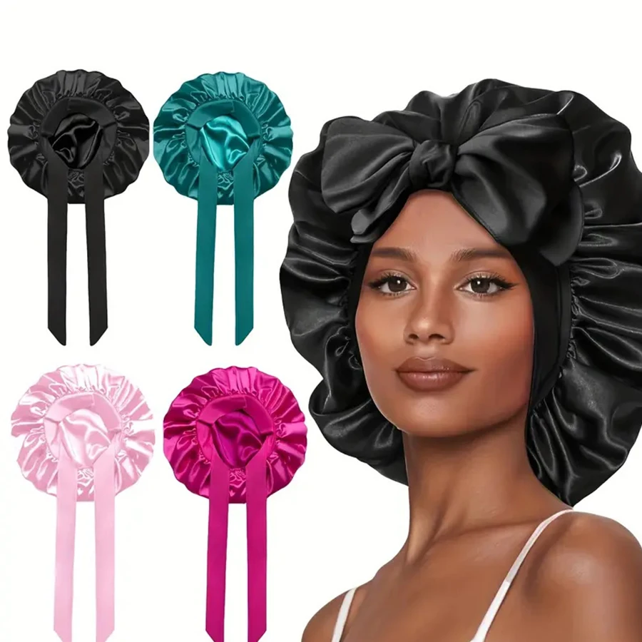 قطعة واحدة من قبعة الشعر الساتان ومجموعة Scrunchie مع قبعة نوم قابلة للتعديل/قبعة استحمام مرنة واسعة النطاق للنساء وجميع الشعر المجعد