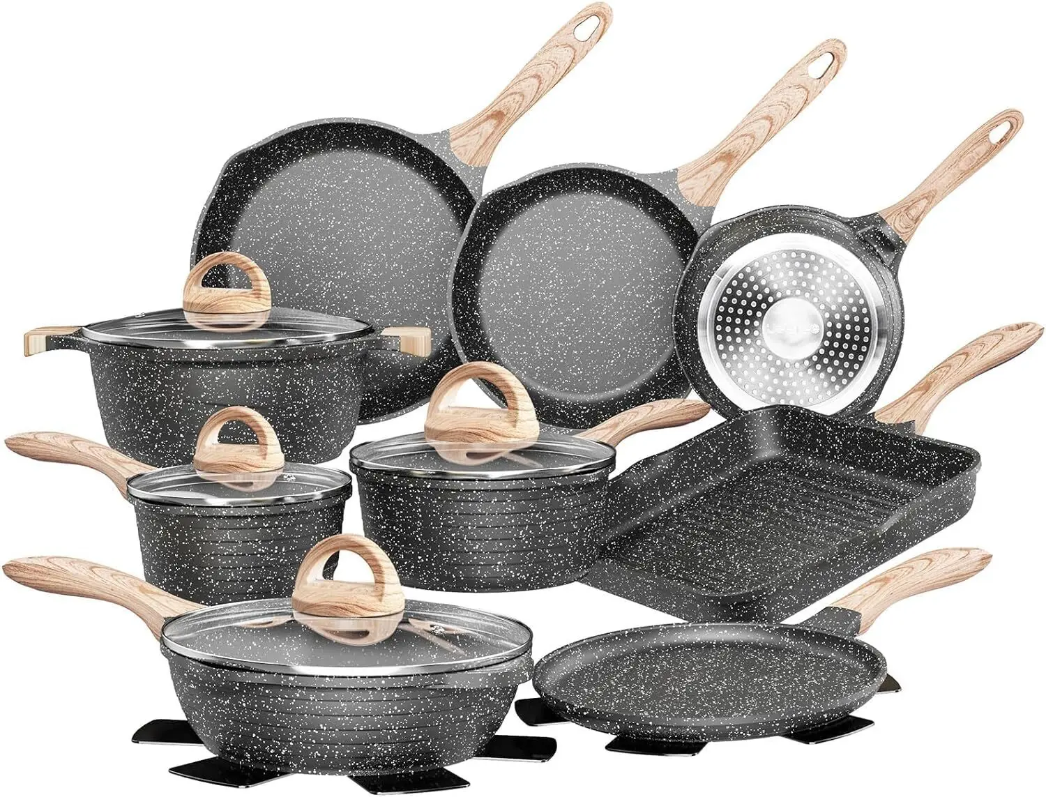 Pots and Pans Set Nonstick 23pcs, Healthy Kitchen Cookware Sets, Induction Cooking Set W/Gray Granite Stone Frying Pans,