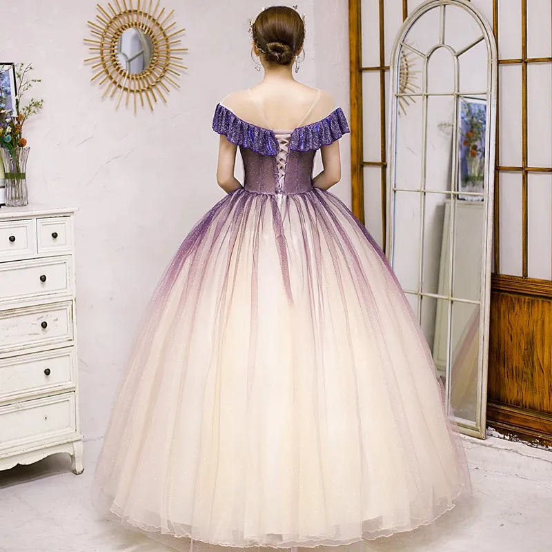   Lila glänzende Quinceanera-Kleider, klassisch, gerüscht, schulterfrei, Puffkleid für Abschlussball, elegant, exquisit, Vestido Baile, individuell gestaltet