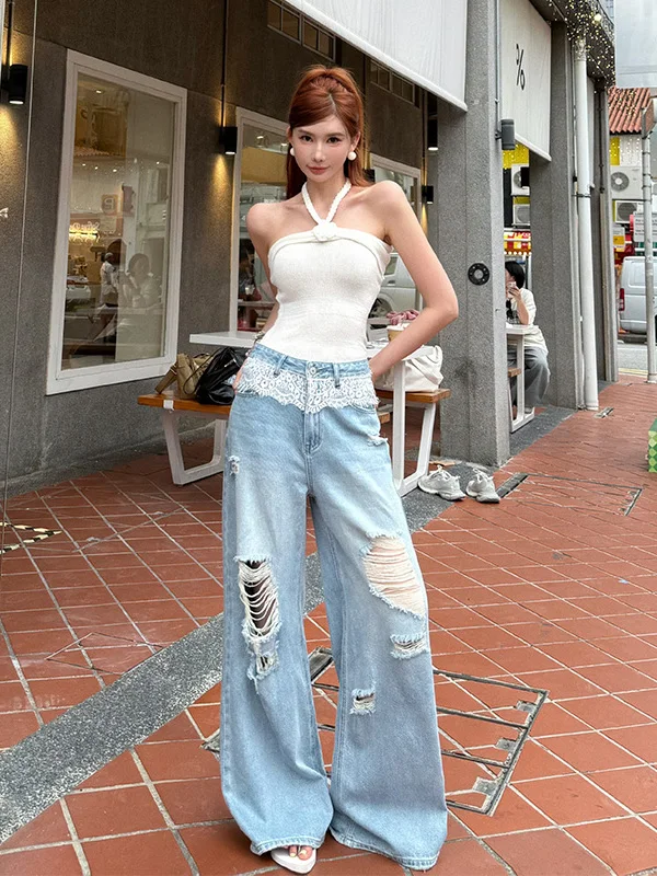 

Casual Lace Trimmed Hole Wide Leg Jeans Women's High Waist Straight Leg Pants Summer Versatile Loose Fit Long Pants