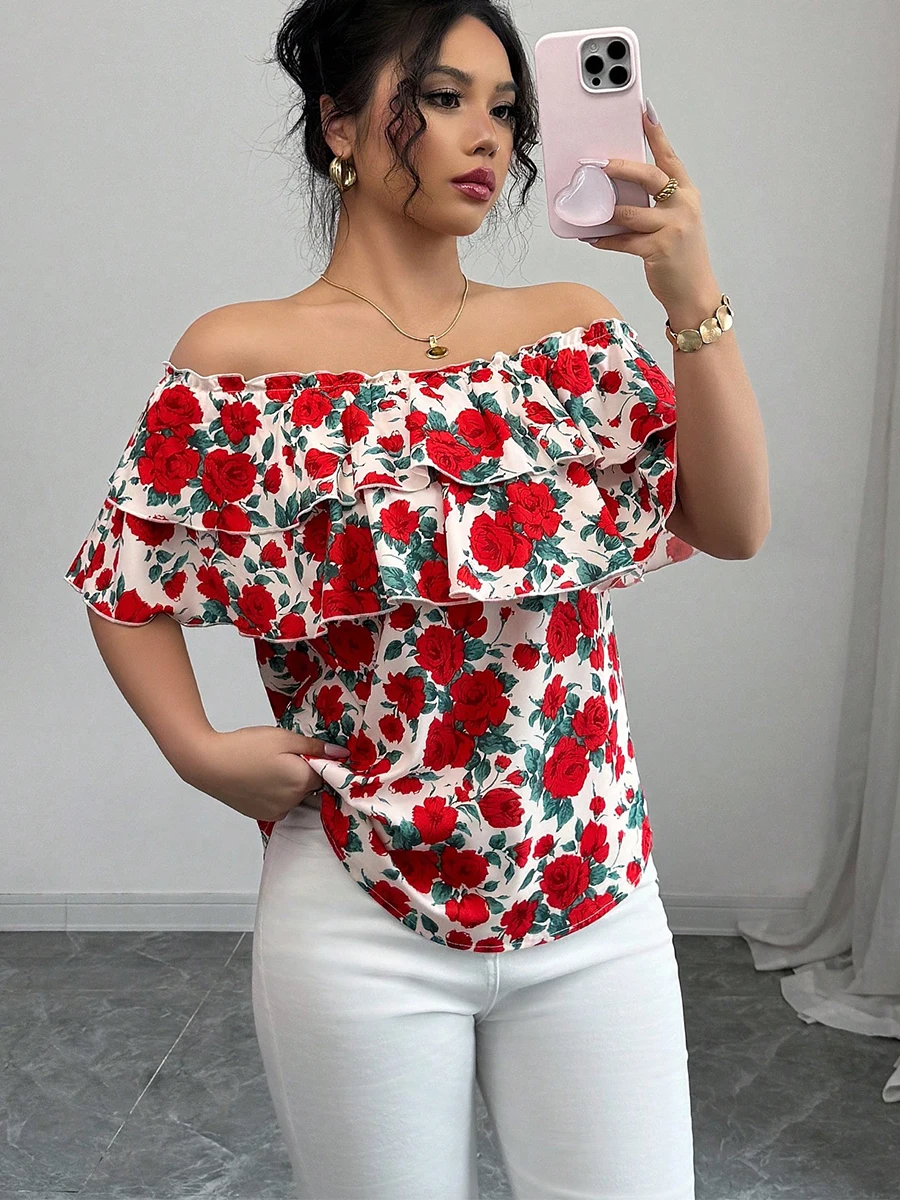

Double layered pleated edge women's clothing Summer European and American vacation style off shoulder short sleeved shirt