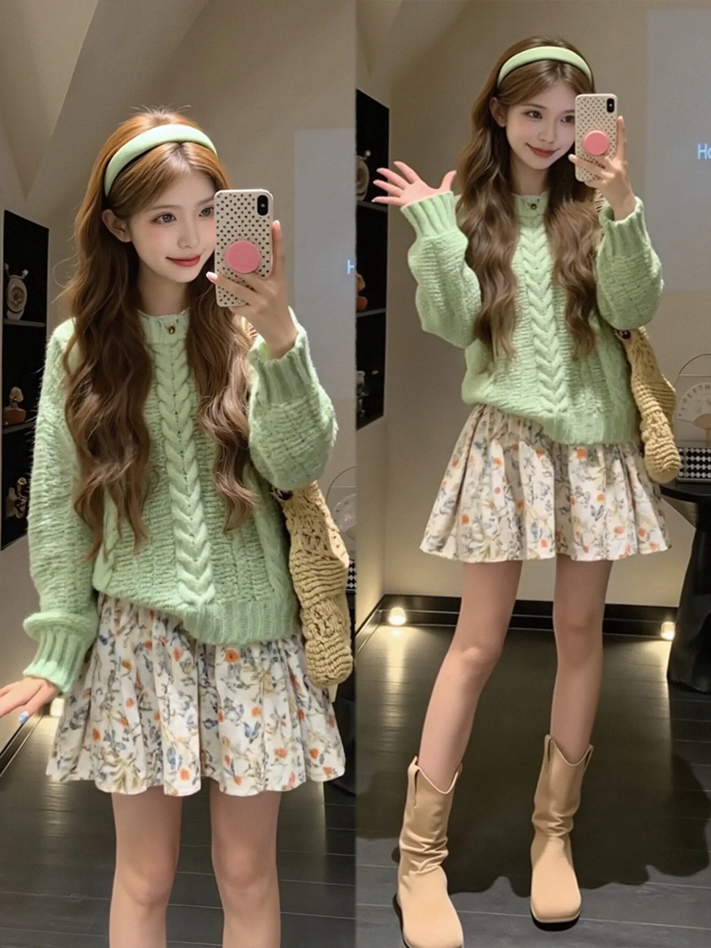 

Spring Floral Knitted Dress Set plus Size Women's Twist Soft Style Korean Sweet Wind Casual Wear High Waist Polyester Fabric