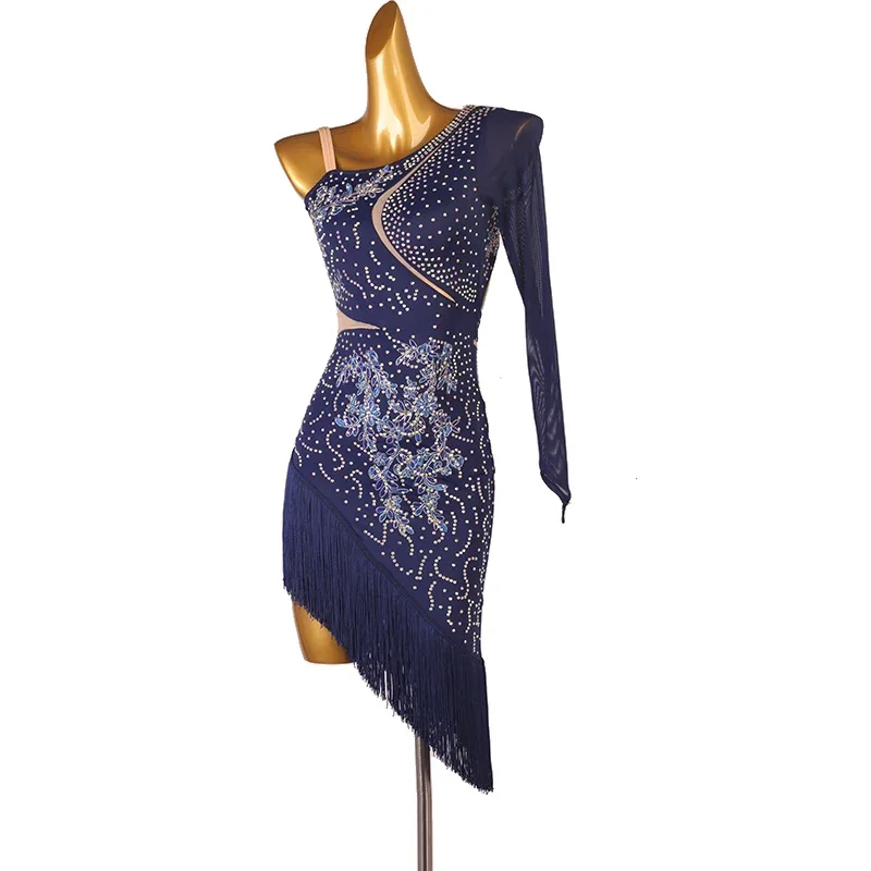 Vestido de dança latina personalizado com borla para mulheres, manga longa, malha chinlon, junta dividida, strass, treinamento de performance, 7 cores