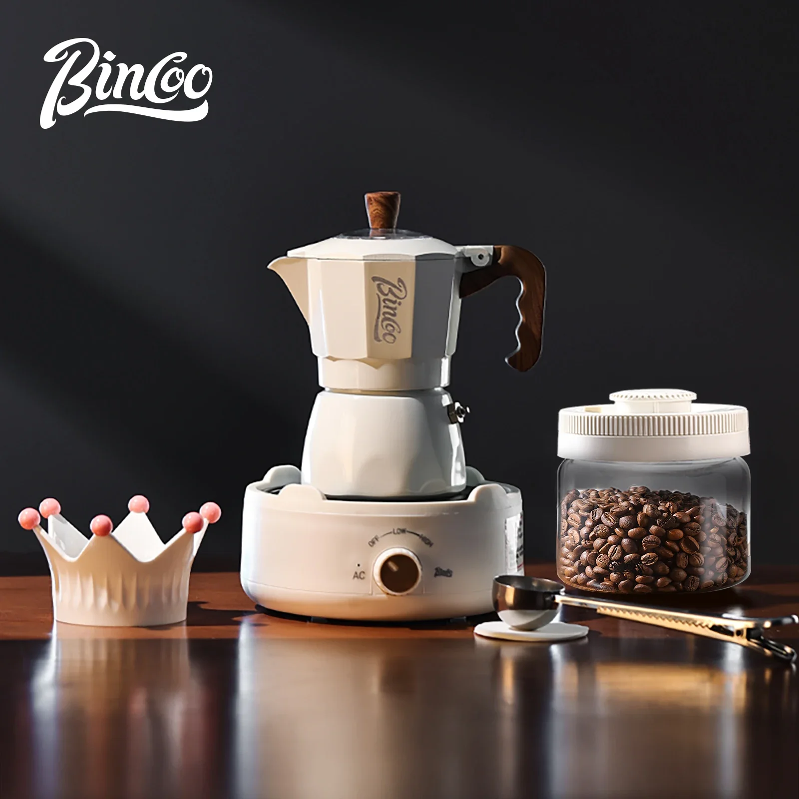 

Bincoo Dual Valve Moka Pot Espresso Machine Extraction Mocha Pot Set with Manual Coffee Bean Grinder Italian Home Barista Tools
