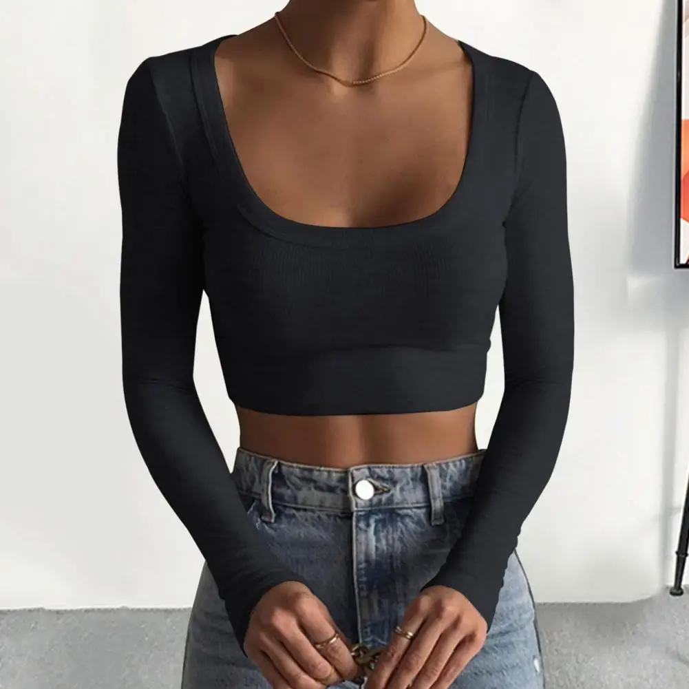 Ladies Fashion Tops Shirt U-neck Long Sleeve Slim T-shirt Solid Color Soft Elastic Cotton Blend Casual Wear Basics Shirts Women