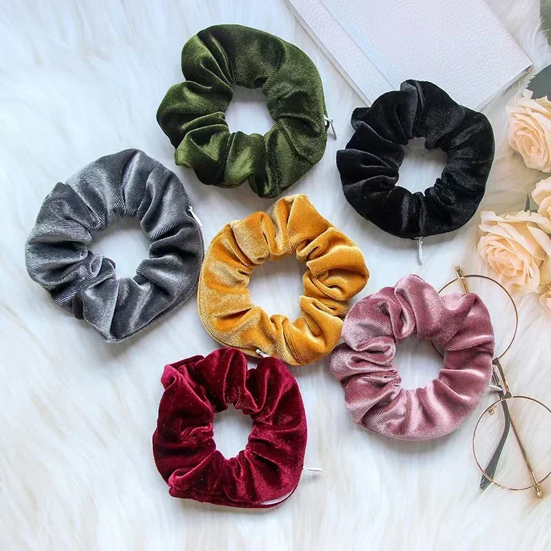 1PC Portable Hidden Safe Sight Secret Hair Tie Storage Case Hair Scrunchie With Zipper Hide Key Cash Jewelry Hair Accessories