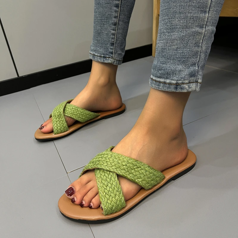 Zapatos básicos de alta calidad para mujer, zapatillas de tendencia de verano para exteriores, Punta abierta, zapatillas de fondo plano sólido, 2023