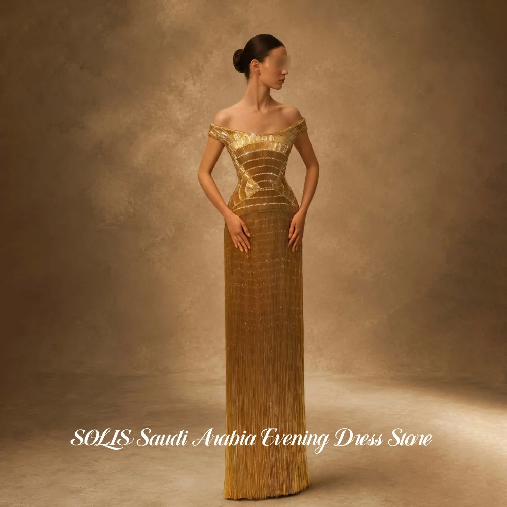SOLIS Opulent Gold Off Shoulder Sheath Evening Gown Beaded Fringe Cap Sleeves Fan Pattern Prom Dress Red Carpet Gala Customized