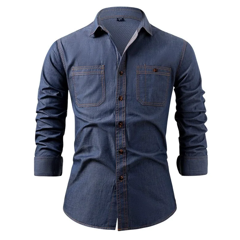 American Style Denim Shirts Men's Pure Cotton Non Iron Solid Color Long Sleeve Casual Jacket with Breast Pocket Autumn Clothing
