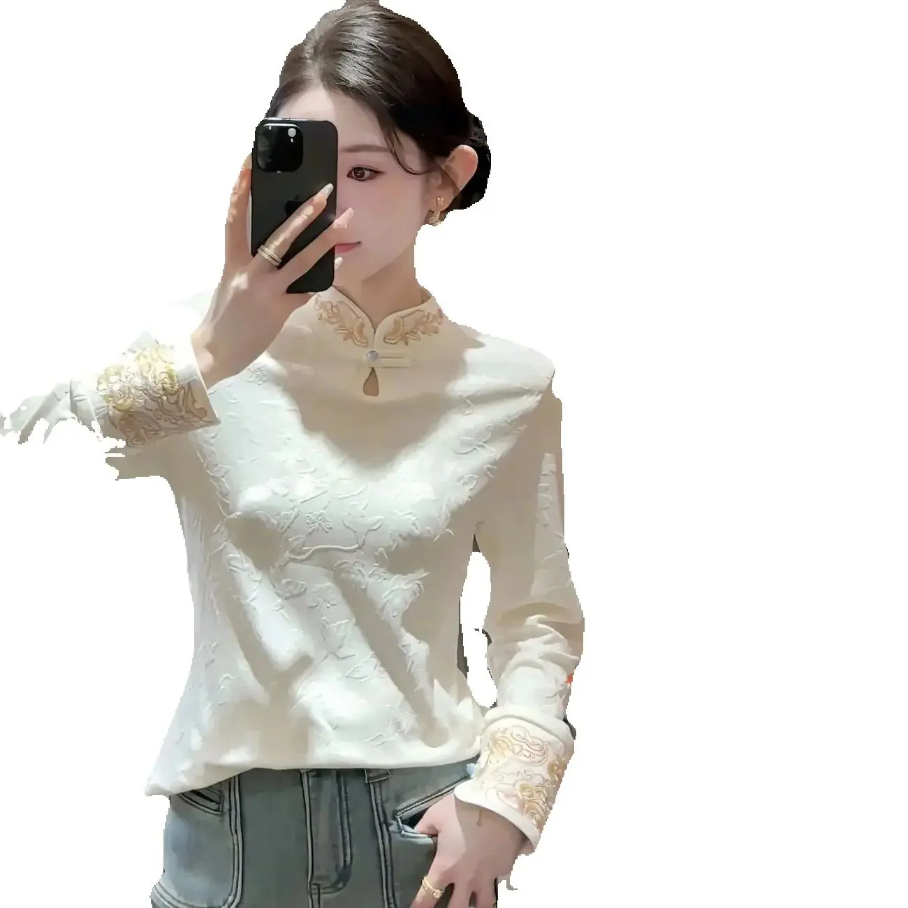 

Осень/зима 2022, новая женская рубашка с китайской вышивкой, воротник-стойка, толстый бархатный теплый топ с длинными рукавами