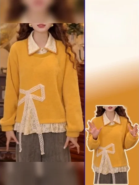 

Женский свитшот больших размеров с кружевными вставками и эффектом двухслойности, с воротником-стойкой и длинными рукавами