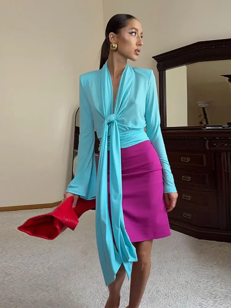 Elegant Pleated Scarf Collar Solid Women Dress Fashion Flare Sleeve Empire Female Dresses 2026 Summer Autumn Beach Lady Robe New view 3