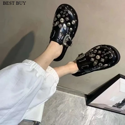 2022 Summer Women Shoes Punk Metal Rivet Charms Black PU Mules Slip On Outdoor Platform Modern Slippers Casual Shoes For Female