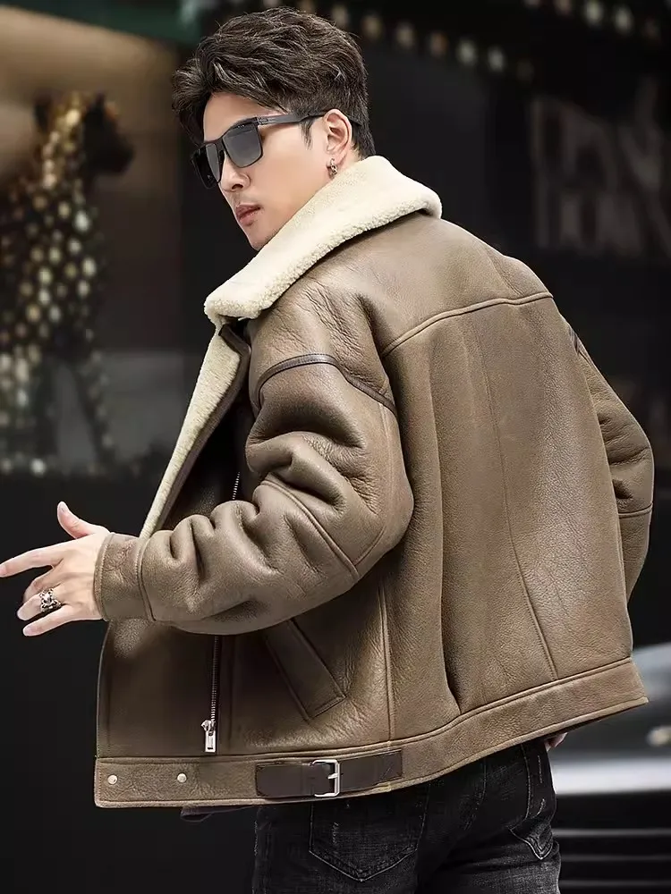 Winter Luxury Mens Warm Wool Lining Coat Business Casual Sheepskin Genuine Leather Real Fur Jacket Natural Shearling Overcoat