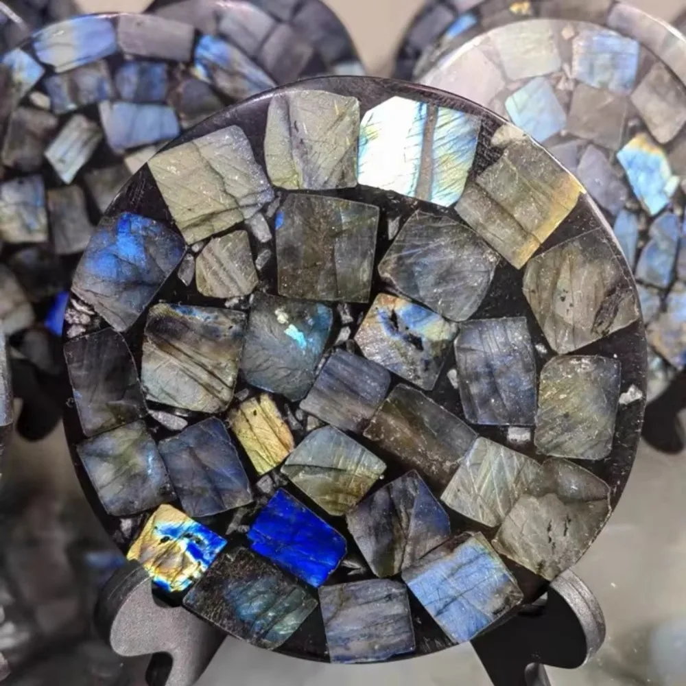 A set Natural Labradorite Round Slice,Blue Flash Circle Disk Round Plate Scrying Mirror Energy Witchcraft Craft Home Decor - view 6