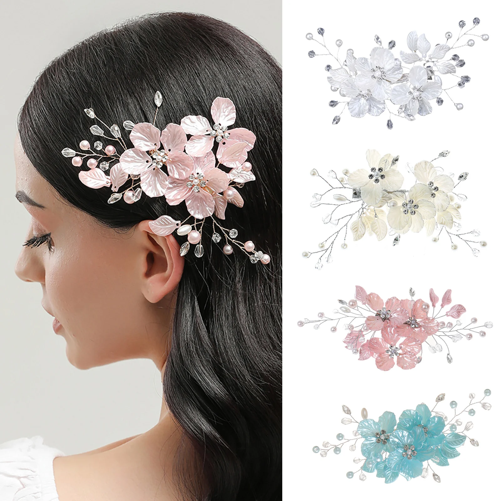 Pink/White/Blue Flower Hair Clips Handmade Pearls Floral Hairpins for Bride Wedding Hair Jewelry Elegant Bridesmaids Headdress