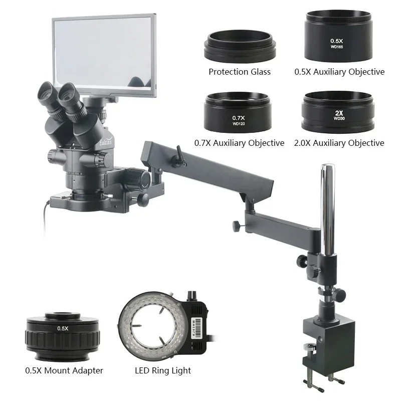 7x90x Simul Focal Trinocular Stereo Microscope SONY IMX335 11.6 inch LCD Monitor Video Camera Articulating Arm Pillar Clamp Set