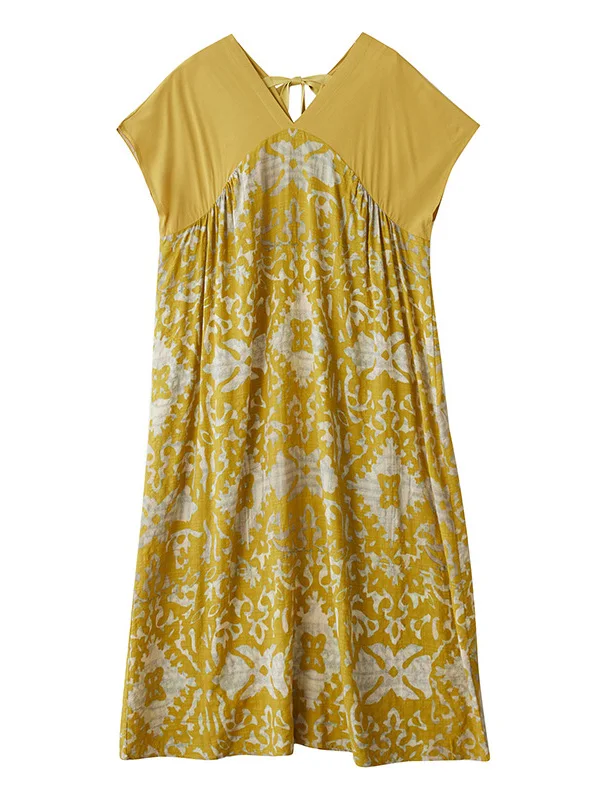 Yellow Flower Loose plus Size Women's Dr V-Ne ort Sve Long Dr Belly Covering Slimming Effect Casual Commute Sle