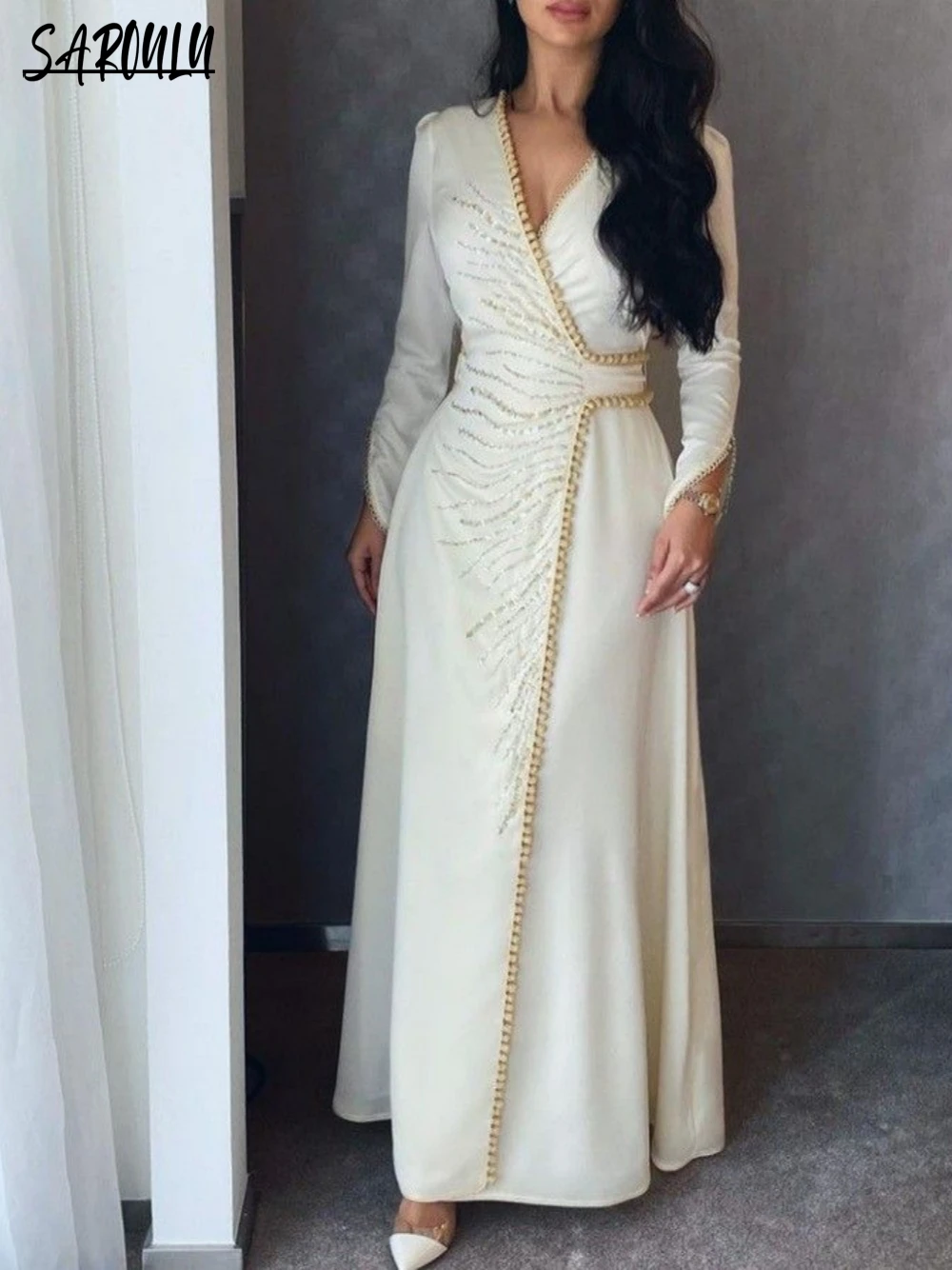 Modest V-neck Evening Dresses Sequins A-line Bridal Dress Caftan Appliques Floor-length Plus Size Gown Robe De Mariée Customized