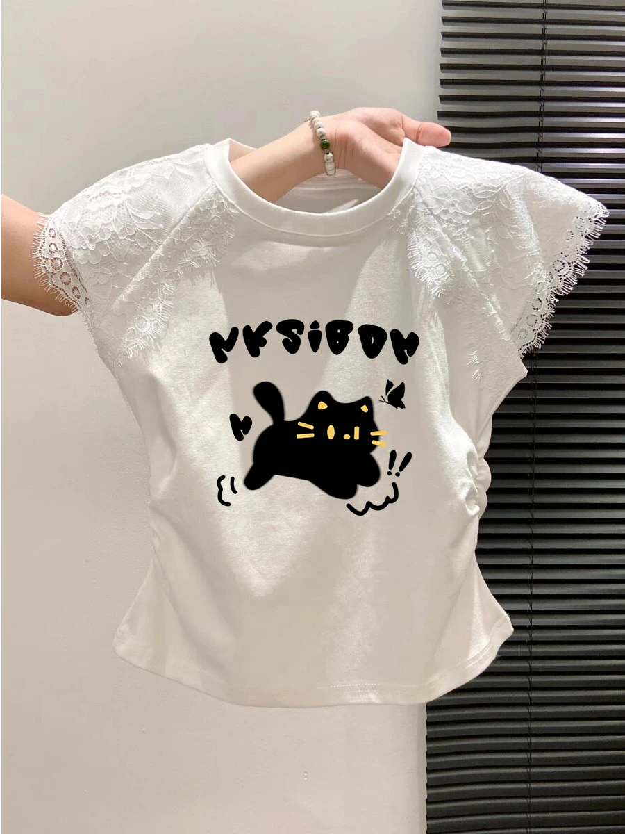 White Lace Splice Short Sleeve T-Shirt Women Summer Cartoon Print Design Pleated Waist Short Style Small Flying Sleeve Top