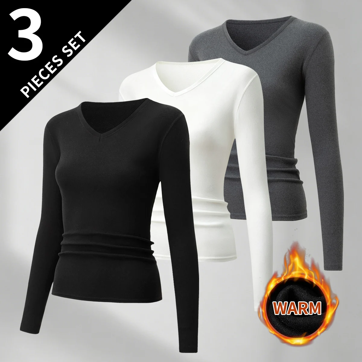 Conjunto de 3 Piezas para Mujer, Cálido, de Manga Larga, Juvenil, Otoño/Invierno, Moda, Cuello en V, Ajustado, Color Sólido, Deportivo, Cómodo, Casual, para Uso Diario