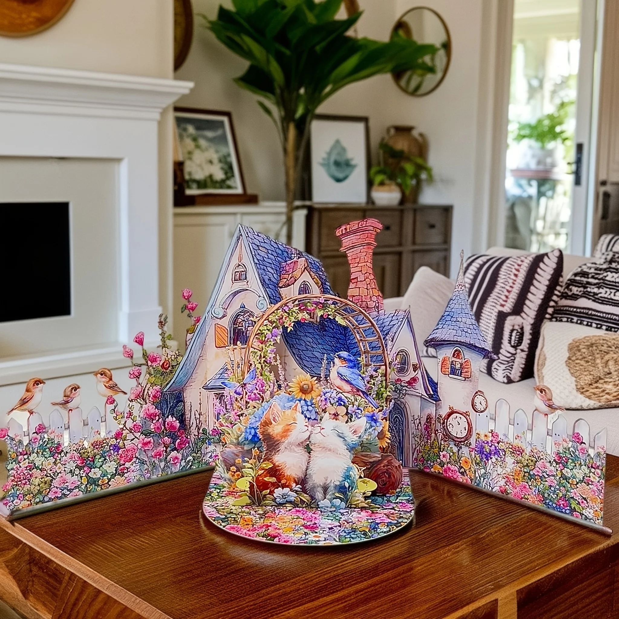 تتميز بطاقة تهنئة ثلاثية الطي مع حديقة مملوءة بالربيع مع قطط رائعة مثالية لإرسال التمنيات الجيدة في أي مناسبة