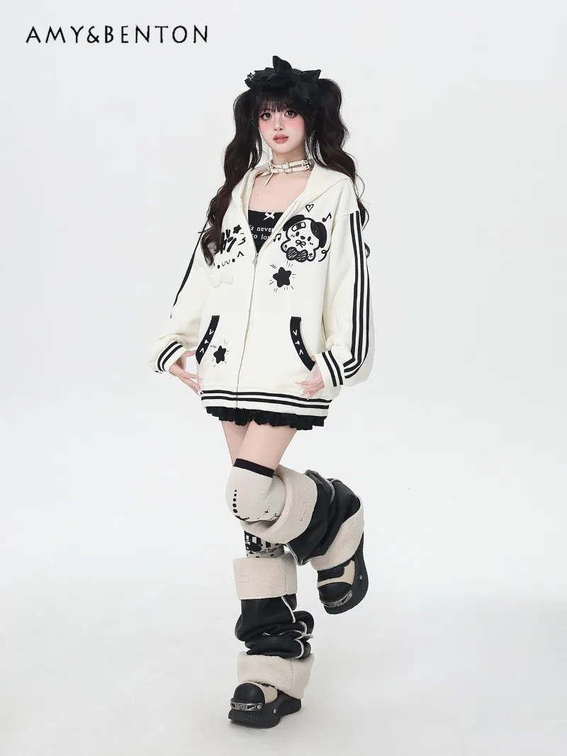 Cute Cartoon Print Kawaii Patchwork Color Hoodies Women Autumn New Preppy Style Sweet Loose Versatile Zipper Sweatshirt Students