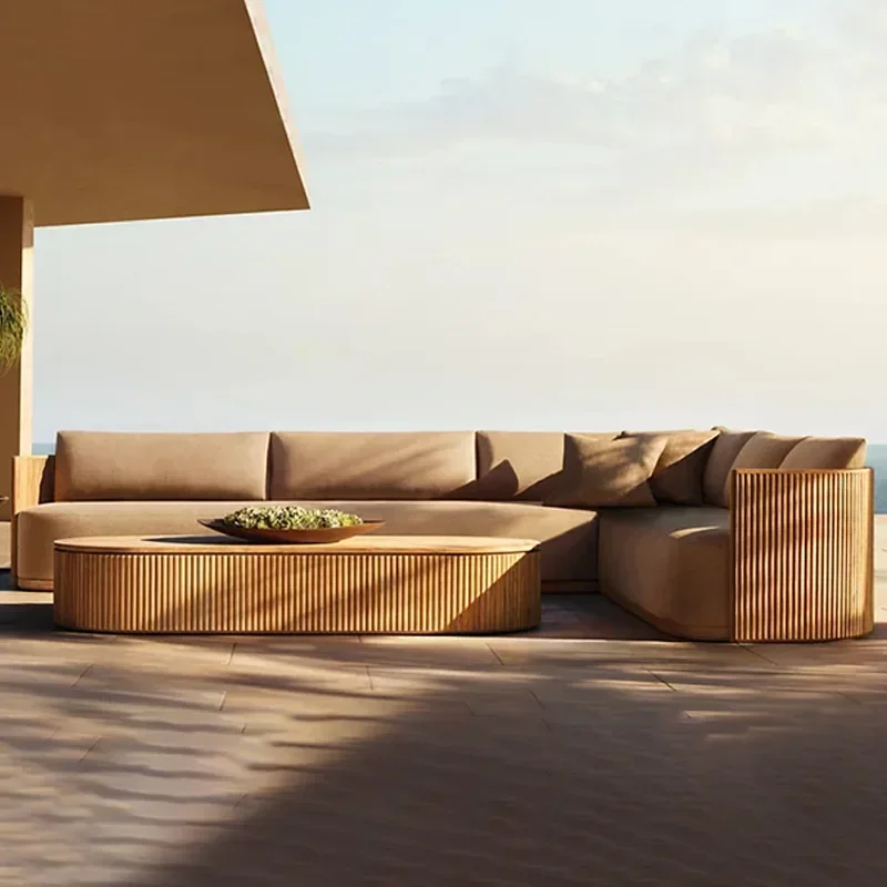 Outdoor sofa waterproof and sunscreen hotel open-air outdoor solid wood sofa