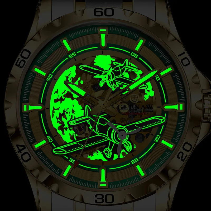 GLENAW 新しいパイロットシリーズメンズ腕時計中空高級自動機械式時計発光防水ステンレス鋼ストラップ時計
