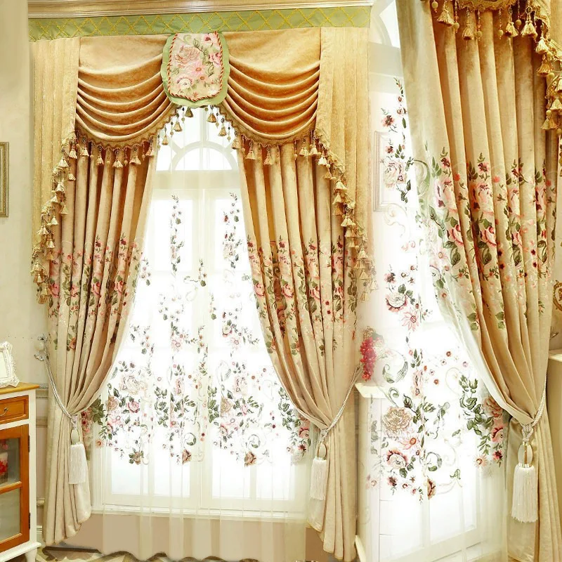 

European Thickened Chenier Living Room Bedroom Blackout Finished Curtain Embroidery Beige
