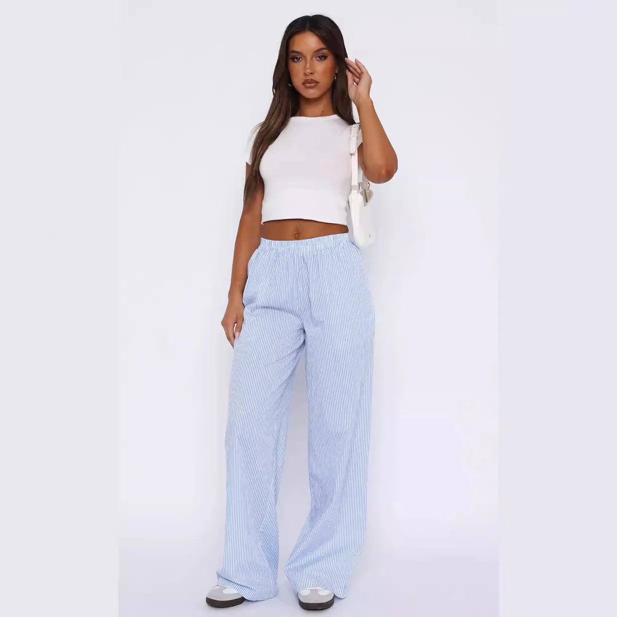 Women Floor Length Pant Print Striped Wide Leg Pants Casual Pockets Loose Elastic Waist Elegant Trousers Spring Summer