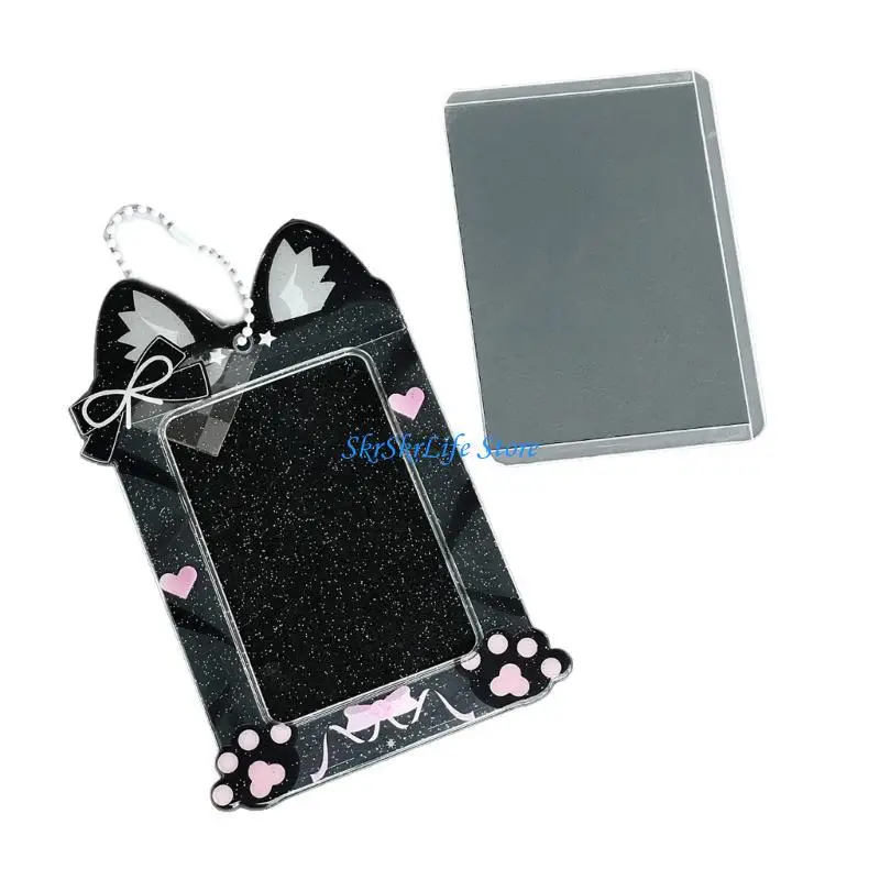 E65E Lovely Cats Photocard Holder Cartoon Photo Card Protector Case Waterproof 3 Inch Plastics Photo Card Case with Chain