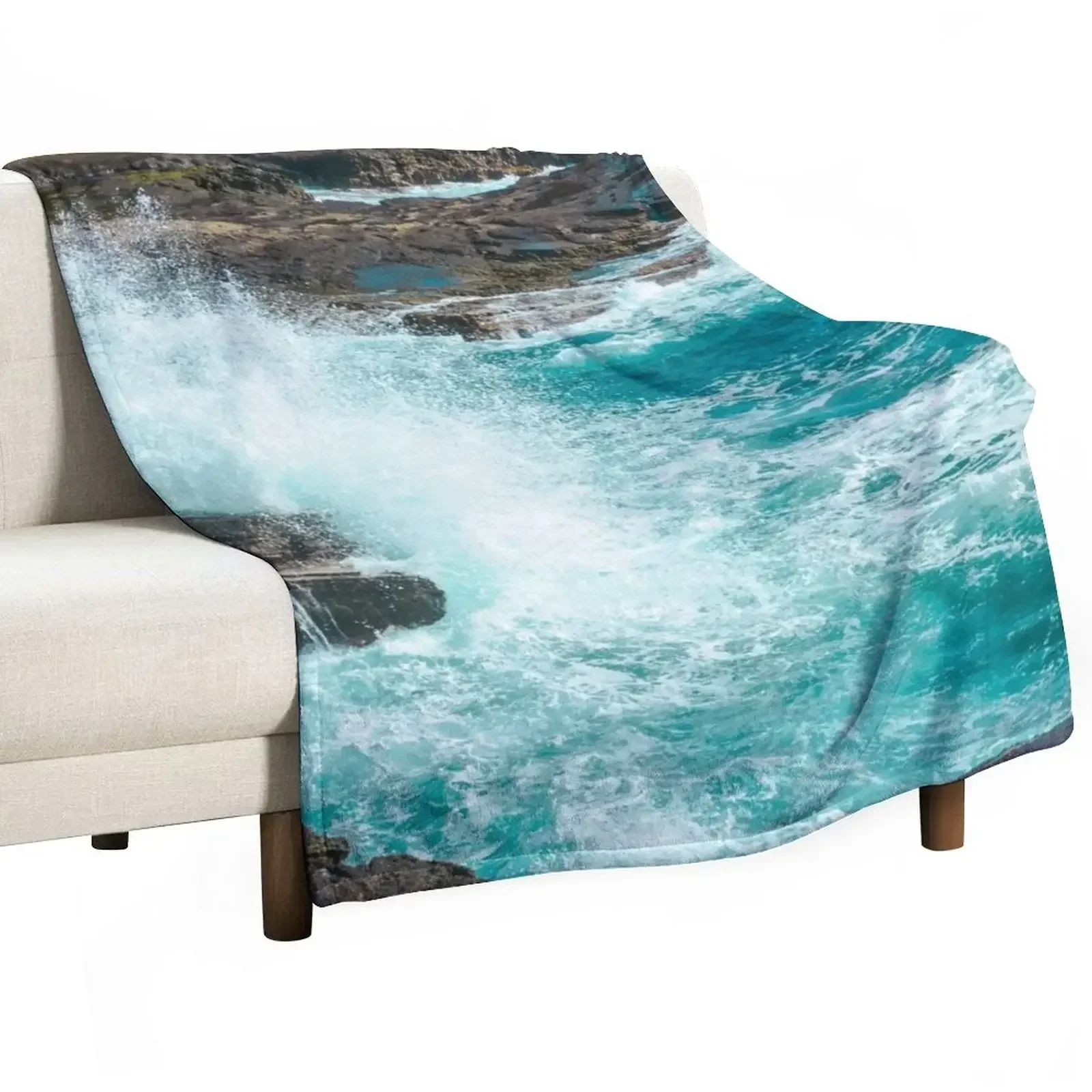 New Cliffside Turquoise Blue Ocean Shore Waves Throw Blanket Luxury halloween Blankets