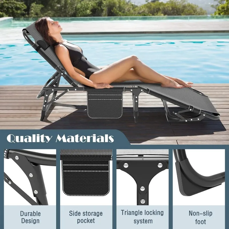 

Folding Outdoor Chaise Lounge Chair, 5-Position Reclining Patio Chairs for Sun Tanning, Portable Sleeping Camping Cot for Adult