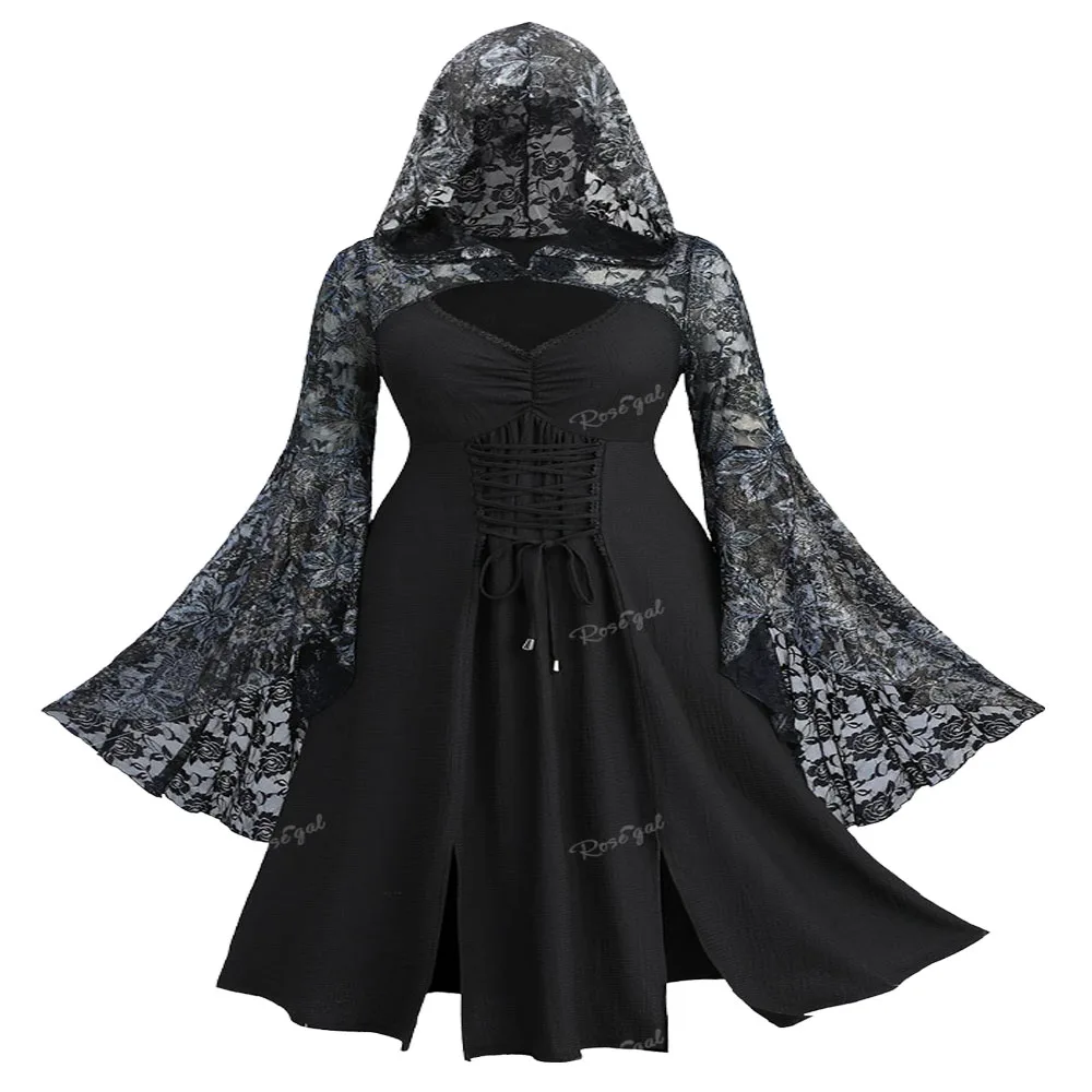 ROSEGAL Plus Size Hooded Dresses Women Autumn Lace-up Ruched Rose Flower Lace Flare Sleeves Split Dress New Black Maxi Vestidos