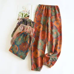 2023 New Spring Summer Women's Pajamas 100% Cotton Crepe Pants Ladies Double Sided Yarn Dyed Beachwear Loose Home Pants