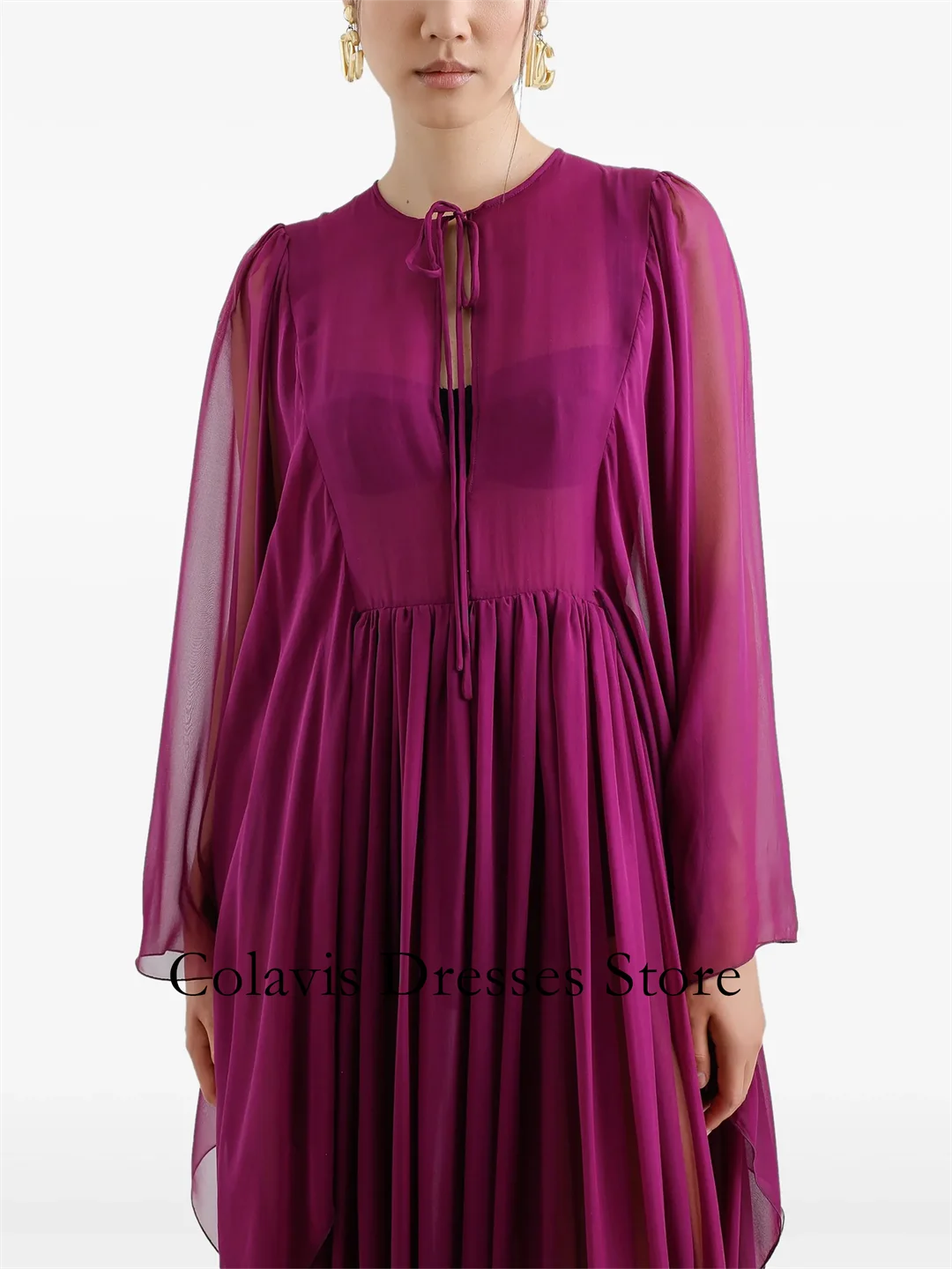 2025 مخصص الشيفون النبيذ الأحمر مطوي مضيئة الأكمام فساتين لحضور الحفلات الموسيقية مساء فستان المرأة فساتين السهرة فستان الحفلات الرسمية #3