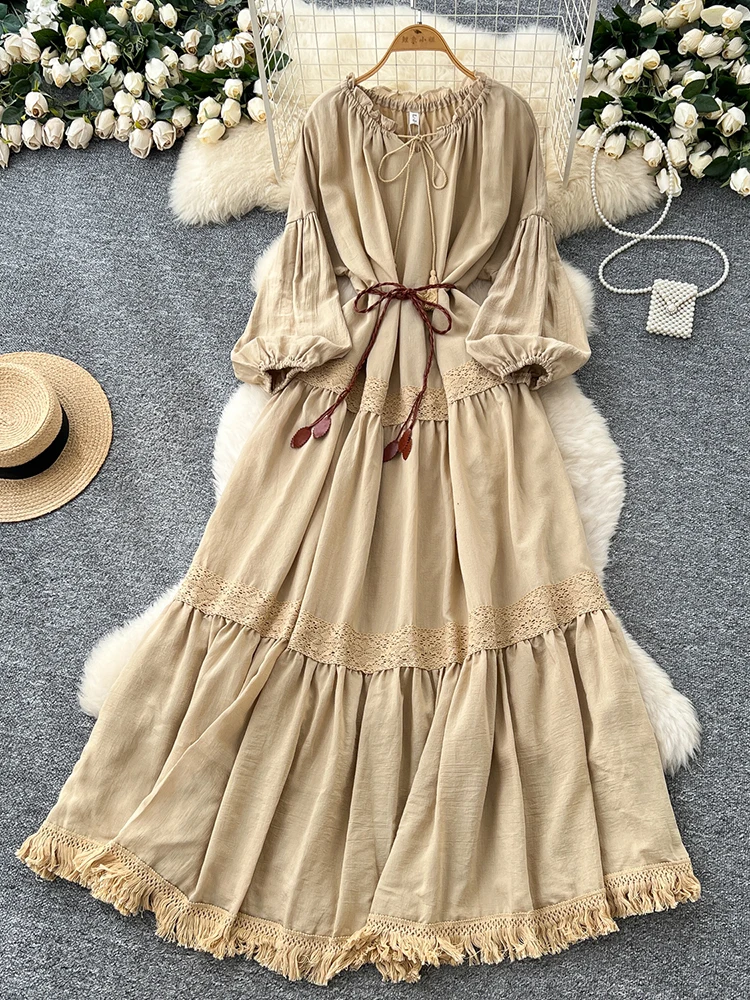 

Spring Summer New Women's Ethnic Wave West Asia Dress Casual Lace Patchwork Lantern Sleeves Big Swing Elegant Dress D39