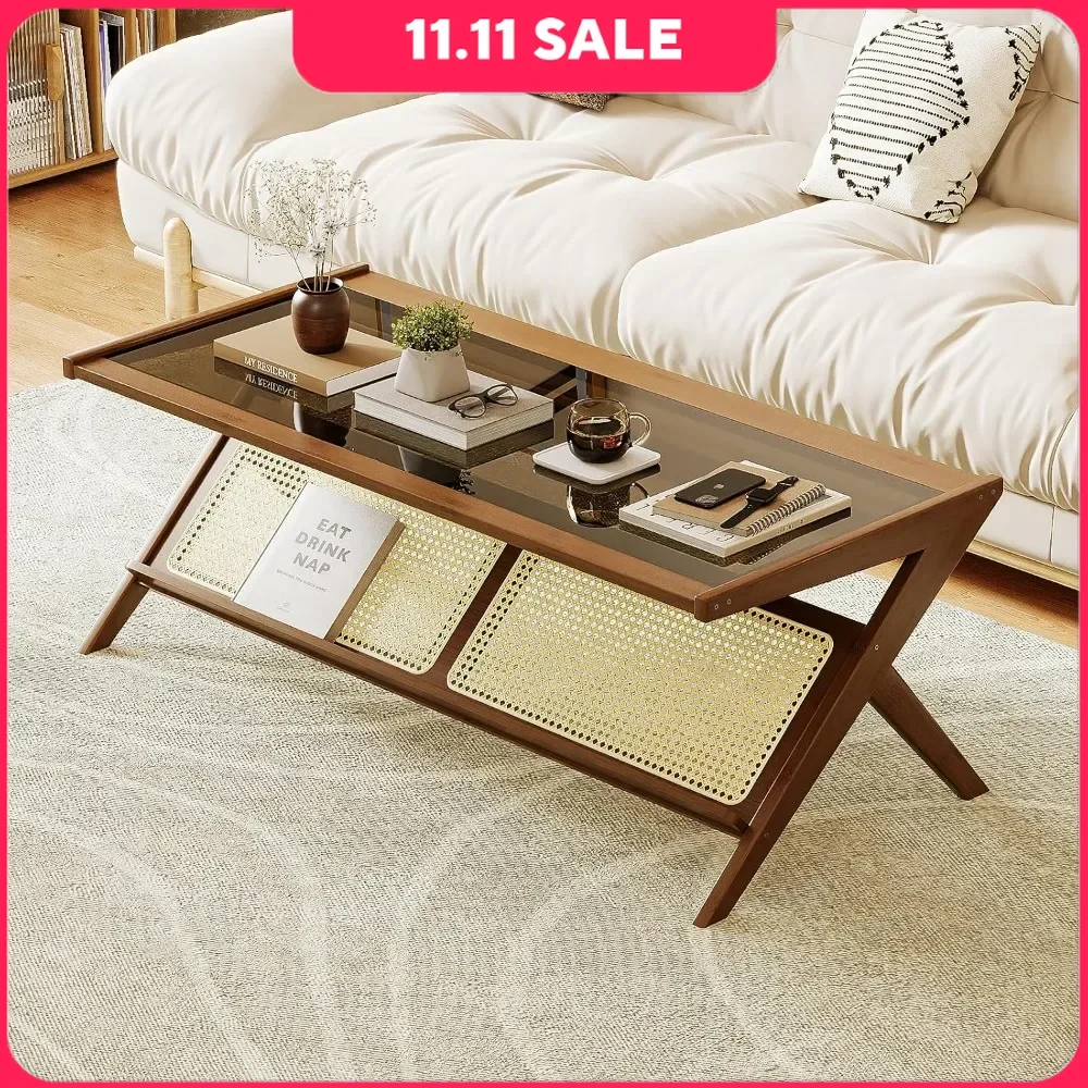 

Medieval Modern Coffee Table with Glass Countertop and Rattan Center Table, Bohemian Style Coffee Table with Storage Space