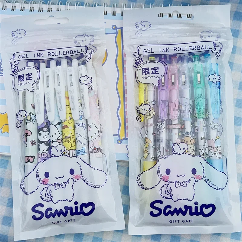 6Pcs/Set Kawaii Sanrio Cinnamoroll 0.5mm Gel Pens Set Cute Hello Kitty Black Pen Cartoon School Student Stationery Supplies Gift