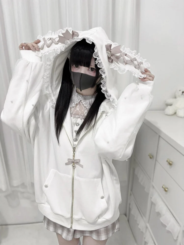 Earth Bud Mass Production Sweet Girl Strap Rabbit Ears Hooded Pearl Decorative Long Sleeve Jacket Cardigan Subculture Hoodie