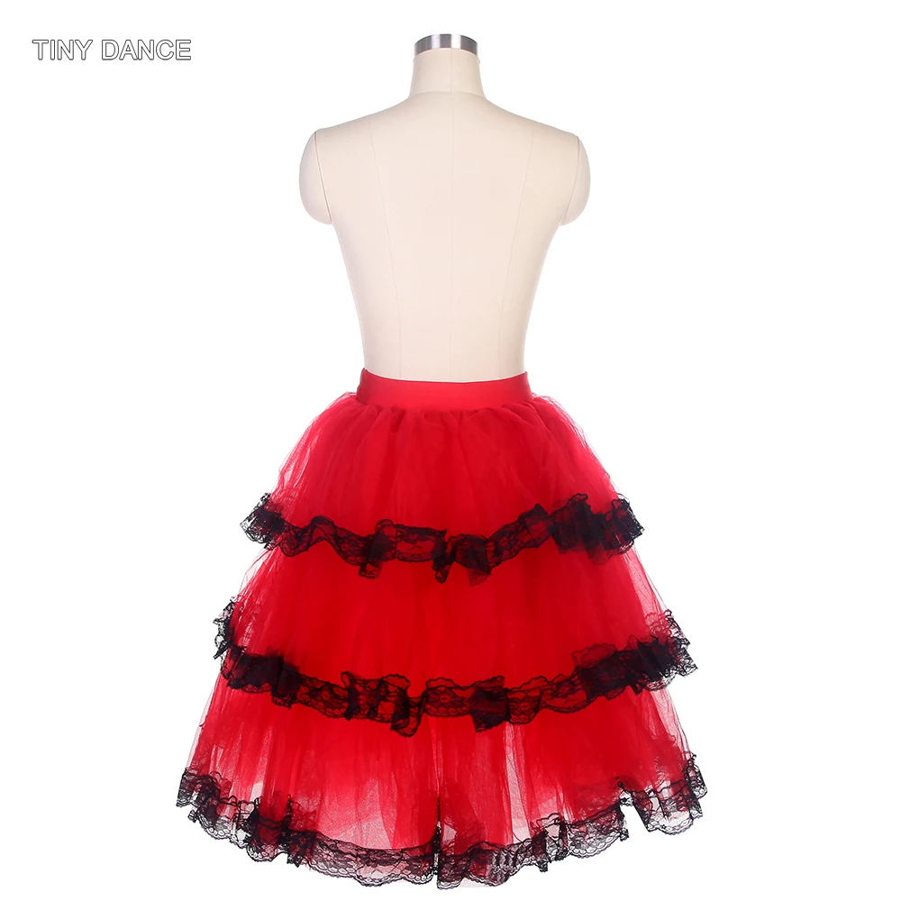 Spanish Red Ballet Dance Tutu with Black Lace Trim Skirt Spandex Waist Band Half Tutu Practice or Performance Tutus 20524