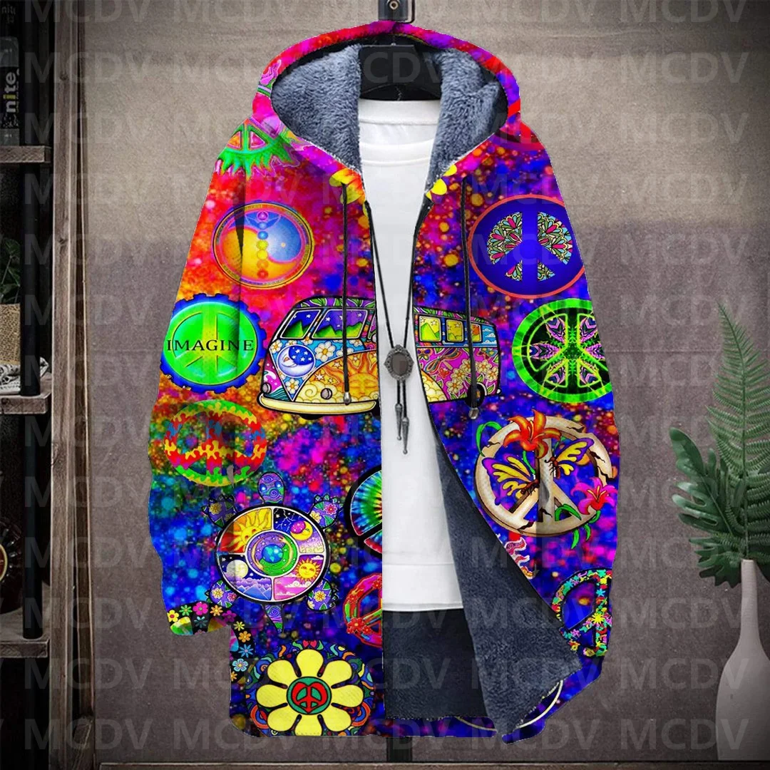 Men's Retro Print Plush Thick Long-Sleeved Coat Cardigan Peace 3D Prined Fleece Hooded Overcoat Unisex Thick Warm Jacket